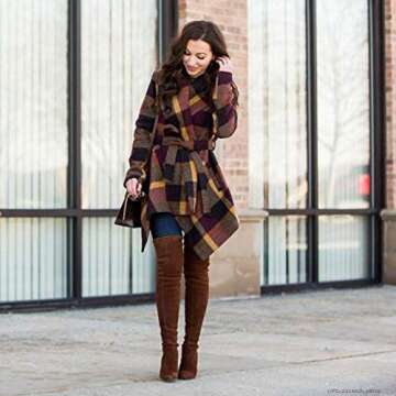 CHICWISH Women's Turn Down Shawl Collar Open Front Long Sleeve Plum Check Asymmetric Hemline Wool Blend Coat, Size L