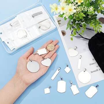 BENECREAT 30PCS Mixed Large Stainless Steel Stamping Blanks, Round/Rectangle/Heart Pendants Charms with Black Velvet Bag and Clear Storage Box for Necklace Bracelet Making and ID Name Tags, 1mm Thick