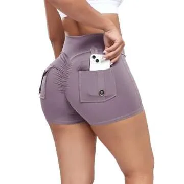 YOFIT Scrunch Butt Lifting Cargo Shorts for Women Gym Workout Booty Shorts Yoga Fitness with Pockets Purple L