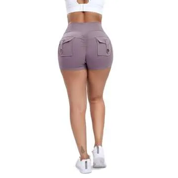 YOFIT Scrunch Butt Lifting Cargo Shorts for Women Gym Workout Booty Shorts Yoga Fitness with Pockets Purple L