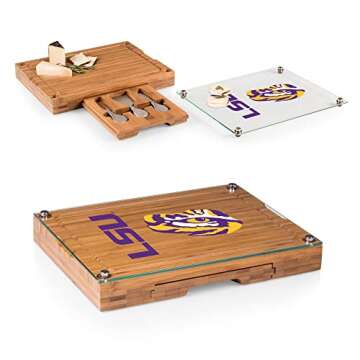 PICNIC TIME NCAA LSU Tigers Concerto Glass Top Cheese Board and Knife Set - Charcuterie Board Set - Glass Top Cutting Board