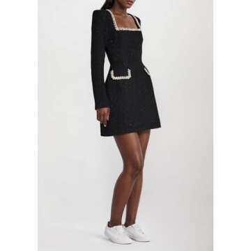 LKOUS Women's Elegant Mini Tweed Dress,Square Neck Long Sleeve A Line Night Out Dresses Black