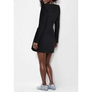 LKOUS Women's Elegant Mini Tweed Dress,Square Neck Long Sleeve A Line Night Out Dresses Black