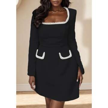 LKOUS Women's Elegant Mini Tweed Dress,Square Neck Long Sleeve A Line Night Out Dresses Black