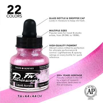 Daler-Rowney FW Pearlescent Acrylic Ink Bottle Silver Moss - Acrylic Drawing Ink for Artists and Students - Permanent Calligraphy Ink - Archival Ink for Illustrating and More
