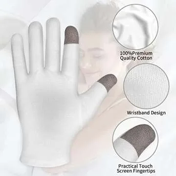 Sibba 2 Pairs Touch Screen Moisturizing Gloves White Cotton Moisturizing Gloves Overnight Bedtime Heal Eczema Sleeping Lotion Hand Spa Treatment Gloves Repair Rough Cracked Dry Chapped Hands Skin