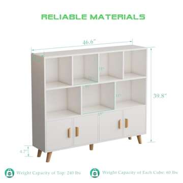 OSCHF Cubby Shelf Bookcase with Doors - Wooden 11 Cube Floor Standing Open Bookshelf with Solid Wood Legs, 3-Tier Storage Cabinet, Warm White