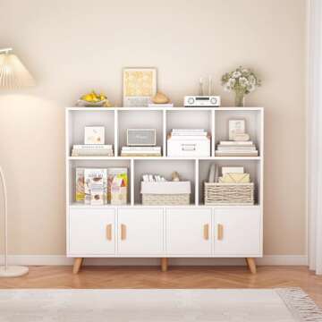 OSCHF Cubby Shelf Bookcase with Doors - Wooden 11 Cube Floor Standing Open Bookshelf with Solid Wood Legs, 3-Tier Storage Cabinet, Warm White