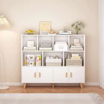 OSCHF Cubby Shelf Bookcase with Doors - Wooden 11 Cube Floor Standing Open Bookshelf with Solid Wood Legs, 3-Tier Storage Cabinet, Warm White