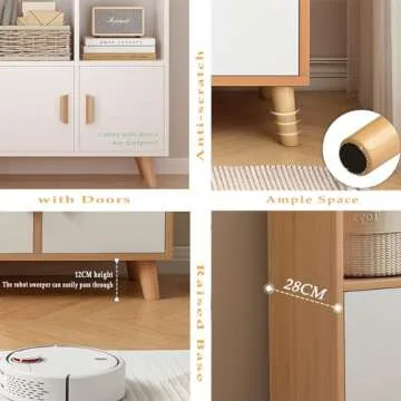 OSCHF Cubby Shelf Bookcase with Doors - Wooden 11 Cube Floor Standing Open Bookshelf with Solid Wood Legs, 3-Tier Storage Cabinet, Warm White