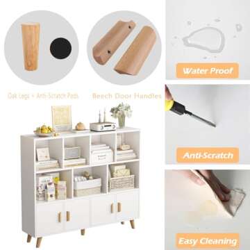 OSCHF Cubby Shelf Bookcase with Doors - Wooden 11 Cube Floor Standing Open Bookshelf with Solid Wood Legs, 3-Tier Storage Cabinet, Warm White