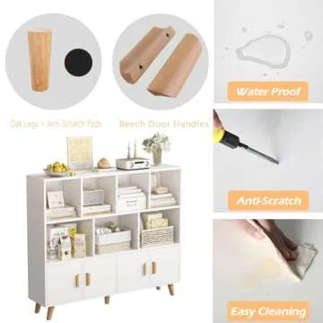 OSCHF Cubby Shelf Bookcase with Doors - Wooden 11 Cube Floor Standing Open Bookshelf with Solid Wood Legs, 3-Tier Storage Cabinet, Warm White