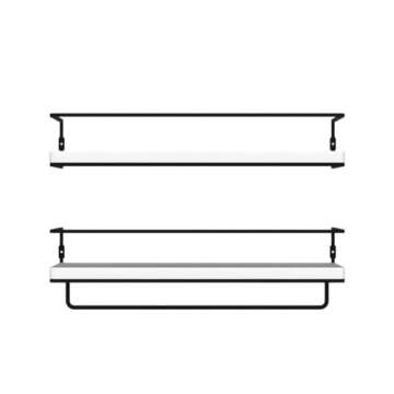 ZGO Floating Shelves for Wall Set of 2, Wall Mounted Storage Shelves with Black Metal Frame and Towel Rack for Bathroom, Bedroom, Living Room, Kitchen, Office (White)