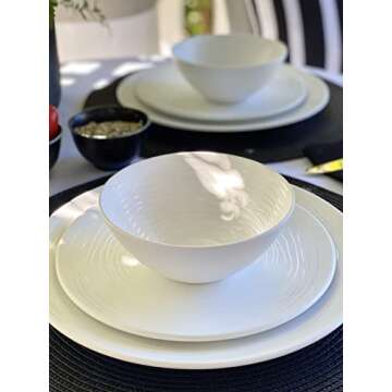 bzyoo 12 Piece White Melamine Dinnerware Set - Durable, Easy to Clean Plates and Bowls - Ideals for Parties, Camping Dish Set BPA Free Organica White Collection