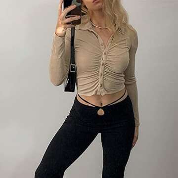 SAFRISIOR Women's Sexy Ruched Ruffle Buttons Down Collar Long Sleeve Slim Fit Crop Top Tee Shirts Blouse Cardigan Apricot