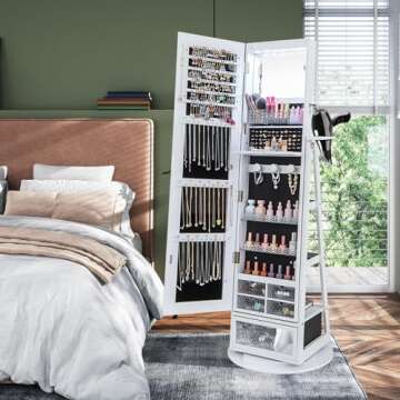 CHARMAID 360° Swivel Jewelry Cabinet Armoire 64.5" H, Full Length Mirror with Jewelry Storage, 6 LE...