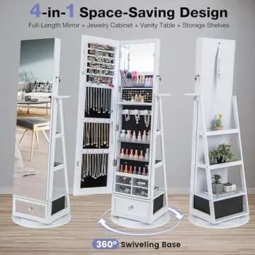 CHARMAID 360° Swivel Jewelry Cabinet Armoire 64.5" H, Full Length Mirror with Jewelry Storage, 6 LEDs Lockable Jewelry Organizer, Rear Storage Shelves, Large Drawer, Hairdryer Holder (White)