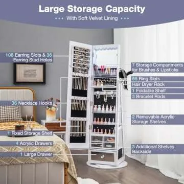 CHARMAID 360° Swivel Jewelry Cabinet Armoire 64.5" H, Full Length Mirror with Jewelry Storage, 6 LEDs Lockable Jewelry Organizer, Rear Storage Shelves, Large Drawer, Hairdryer Holder (White)