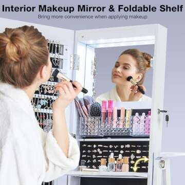 CHARMAID 360° Swivel Jewelry Cabinet Armoire 64.5" H, Full Length Mirror with Jewelry Storage, 6 LEDs Lockable Jewelry Organizer, Rear Storage Shelves, Large Drawer, Hairdryer Holder (White)