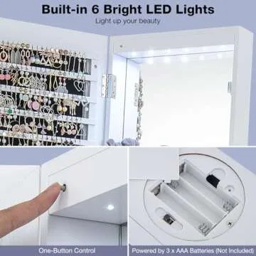 CHARMAID 360° Swivel Jewelry Cabinet Armoire 64.5" H, Full Length Mirror with Jewelry Storage, 6 LEDs Lockable Jewelry Organizer, Rear Storage Shelves, Large Drawer, Hairdryer Holder (White)