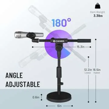 CAHAYA Microphone Stand Desk Adjustable: Boom Arm Mic Stand Desktop with 2 Mic Clips Reinforced Metal Base Table Mic Mount with 3/8" to 5/8" Screw Adapter for Singing Performance Wedding Stage Black