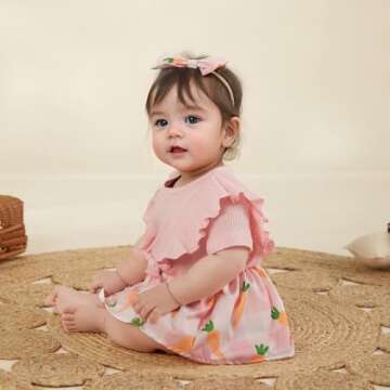 Toddler Baby Girl Easter Outfit Ruffles Sleeve Bunny Carrot Printed Romper Dress with Headband Summe...