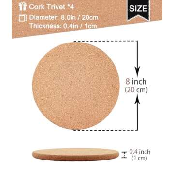 KITLAB Cork Trivet, 4 Pack High Density Thick Cork Trivets for Hot Dishes, 8 Inch Heat Resistant Large Coaster for Kitchen, Hot Pads for Table & Countertop