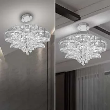 Flashing God W32 Modern Crystal Chandelier Crystal Flush Mount LED Ceiling Light Fixture for Living Room Foyer Dining Room Hallway Dimmable 2700k 4500k 6000k