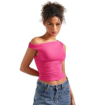 SUUKSESS Women Off Shoulder Tops Sleeveless Shirts Y2K Trendy Going Out Crop Tank Top (Hot Pink,XS)