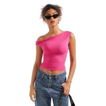 SUUKSESS Women Off Shoulder Tops Sleeveless Shirts Y2K Trendy Going Out Crop Tank Top (Hot Pink,XS)
