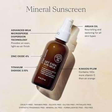 Josie Maran Get Even Sun Milk - Lightweight Mineral Sunscreen and Facial Moisturizer with SPF 33 - Infused with Argan Oil, Zinc Oxide & Kakadu Plum - Instantly Hydrates + Boosts Radiance (2 oz)