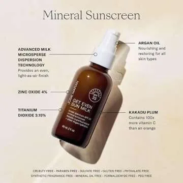 Josie Maran Get Even Sun Milk - Lightweight Mineral Sunscreen and Facial Moisturizer with SPF 33 - Infused with Argan Oil, Zinc Oxide & Kakadu Plum - Instantly Hydrates + Boosts Radiance (2 oz)