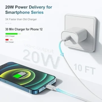 Phone Charger Fast Charging 10 FT, Long USB C to Lighting Cable 10 Foot with 20W USB C Rapid Phone Charger Block, Compatible with iPhone 14 Pro/13Pro Max/12/11Pro/Mini, 2 Pack - White