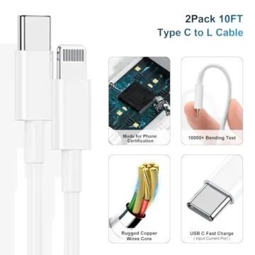 Phone Charger Fast Charging 10 FT, Long USB C to Lighting Cable 10 Foot with 20W USB C Rapid Phone Charger Block, Compatible with iPhone 14 Pro/13Pro Max/12/11Pro/Mini, 2 Pack - White