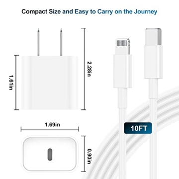 Phone Charger Fast Charging 10 FT, Long USB C to Lighting Cable 10 Foot with 20W USB C Rapid Phone Charger Block, Compatible with iPhone 14 Pro/13Pro Max/12/11Pro/Mini, 2 Pack - White