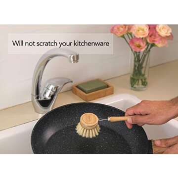 ECOLULU Natural Bamboo Dish Brush & Wood Bottle Brush for Wide Mouth Bottles, Cups and Jars, 2 Replacement Heads included (4 units total) Biodegradable, Eco Friendly Products