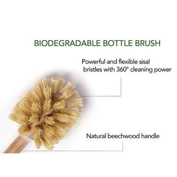 ECOLULU Natural Bamboo Dish Brush & Wood Bottle Brush for Wide Mouth Bottles, Cups and Jars, 2 Replacement Heads included (4 units total) Biodegradable, Eco Friendly Products