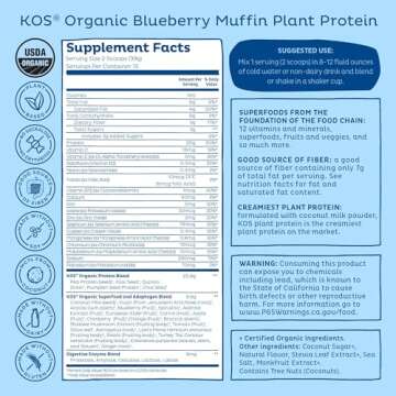 KOS Plant Based Protein Powder, Blueberry Muffin - Organic Pea Protein Superfood with Spirulina and Immune Support Blend. Soy, Gluten, Dairy Free - Vegan Meal Replacement for Women & Men - 15 Servings