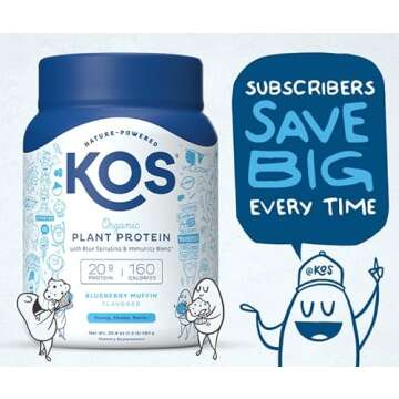 KOS Plant Based Protein Powder, Blueberry Muffin - Organic Pea Protein Superfood with Spirulina and Immune Support Blend. Soy, Gluten, Dairy Free - Vegan Meal Replacement for Women & Men - 15 Servings
