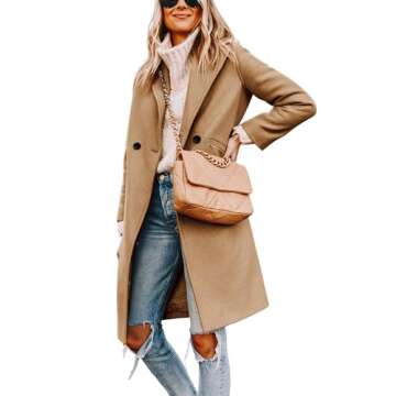Tanming Women's Notch Lapel Double Breasted Wool Blend Mid Long Pea Trench Coat (Khaki-L)