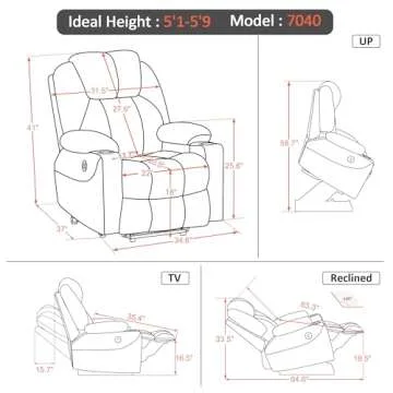 MCombo Electric Power Lift Recliner Chair Sofa with Massage and Heat for Elderly, 3 Positions, 2 Side Pockets, and Cup Holders, USB Ports, Faux Leather 7040 (Light Brown, Medium)