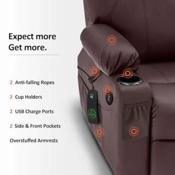 MCombo Electric Power Lift Recliner Chair Sofa with Massage and Heat for Elderly, 3 Positions, 2 Side Pockets, and Cup Holders, USB Ports, Faux Leather 7040 (Light Brown, Medium)
