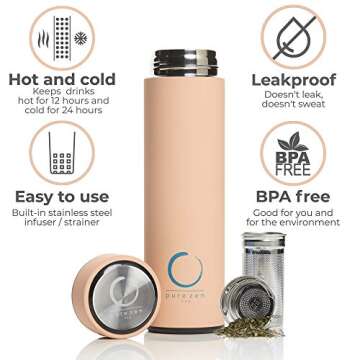 Pure Zen Tea Thermos with Infuser for Tea, Coffee and Fruit-Infused Water - Stainless Steel - Tea Infuser Bottle - Leakproof Travel Mug with Filter - 15oz - Pink