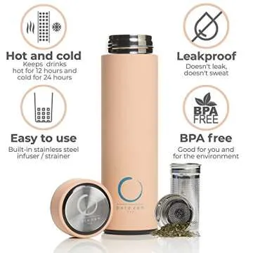 Pure Zen Tea Thermos with Infuser for Tea, Coffee and Fruit-Infused Water - Stainless Steel - Tea Infuser Bottle - Leakproof Travel Mug with Filter - 15oz - Pink