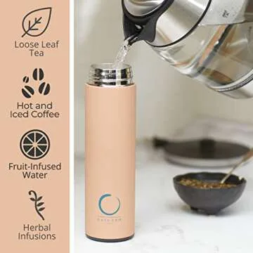 Pure Zen Tea Thermos with Infuser for Tea, Coffee and Fruit-Infused Water - Stainless Steel - Tea Infuser Bottle - Leakproof Travel Mug with Filter - 15oz - Pink