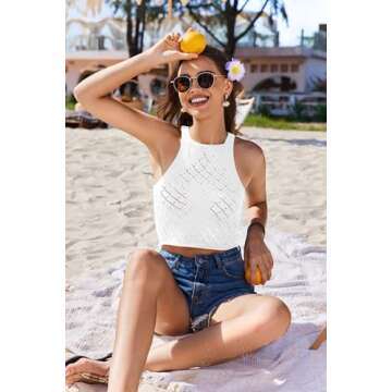 AI'MAGE Women's Crochet Cover Up Set Hollow Out Swimsuit Coverup 2 Piece Knit Beachwear with Drawstring(White, Small)