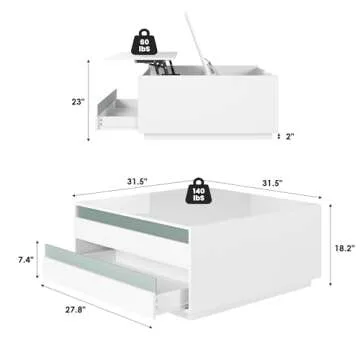 High Gloss Coffee Table with Storage,White Square Lift Top Coffee Tables with LED & Flip Lid, Small ...