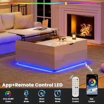 High Gloss Coffee Table with Storage,White Square Lift Top Coffee Tables with LED & Flip Lid, Small Modern Coffee Table for Living Room with Drawer