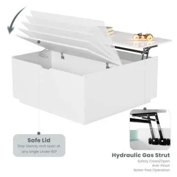 High Gloss Coffee Table with Storage,White Square Lift Top Coffee Tables with LED & Flip Lid, Small Modern Coffee Table for Living Room with Drawer