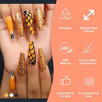 Artquee 24pcs Halloween Press on Nails Orange Glossy Long Coffin Fake Nail Art Black Spider Web Gold Glitter Designs Ballerina False Nails Acrylic Stick On Nails Tips for Women